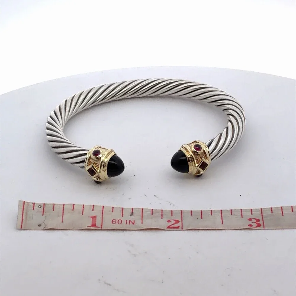 David Yurman Sterling Silver 14K Gold Onyx Renaissance Cablespira Cuff Bracelet